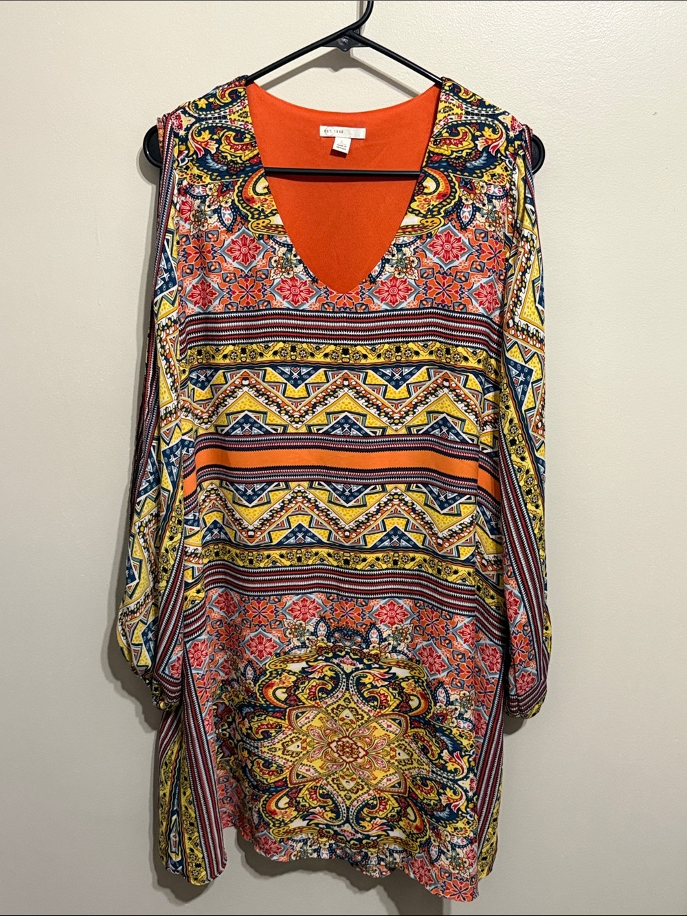Boho Printed V-Neck Tunic Top - Orange Multi